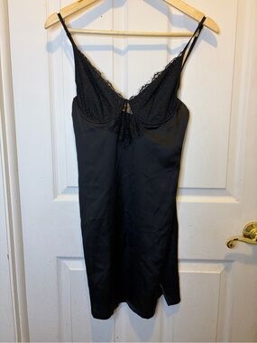 Satin Black Lace-Trim Mini Slip Dress with Adjustable Straps & Underwire